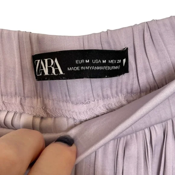 Zara Lilac Pleated Wide Legged High Waisted Floaty Palazzo Trousers Open Hem M - Picture 9 of 12